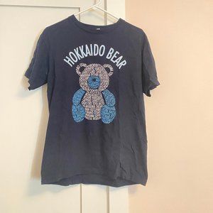 Japan Hokkaido Bear Short Sleeve Tee Navy 100% Cotton Size M